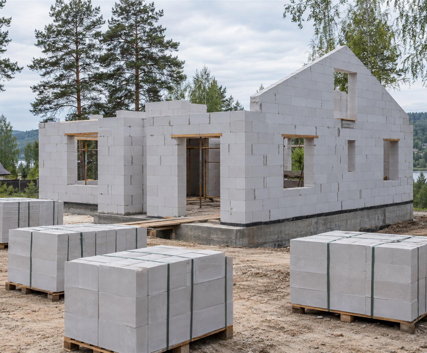 Дом из газобетона в окружении соснового леса